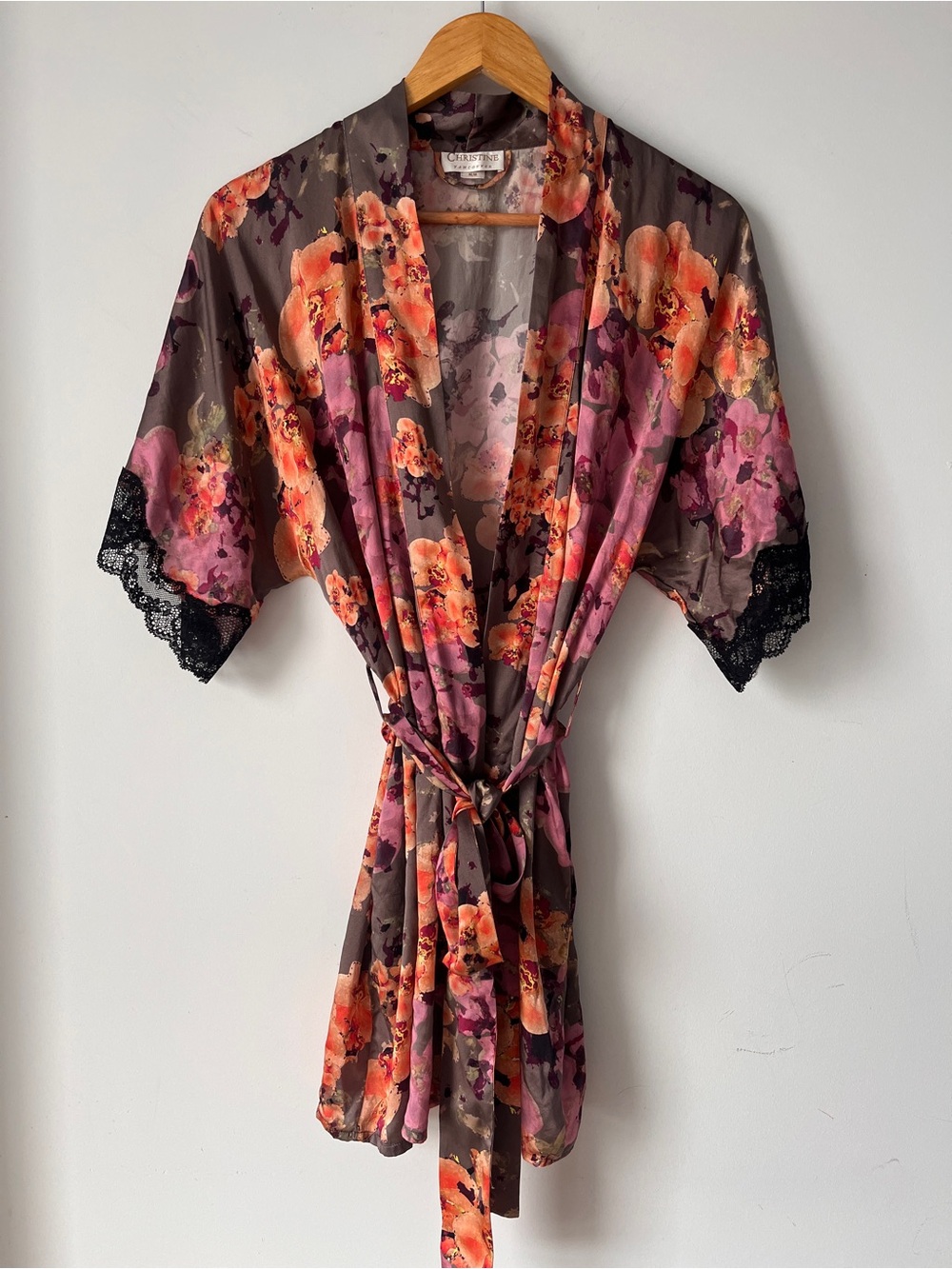 Christine Lingerie |  Silk Floral Short Robe | Black Lace Trim | Sz M | Boudoir